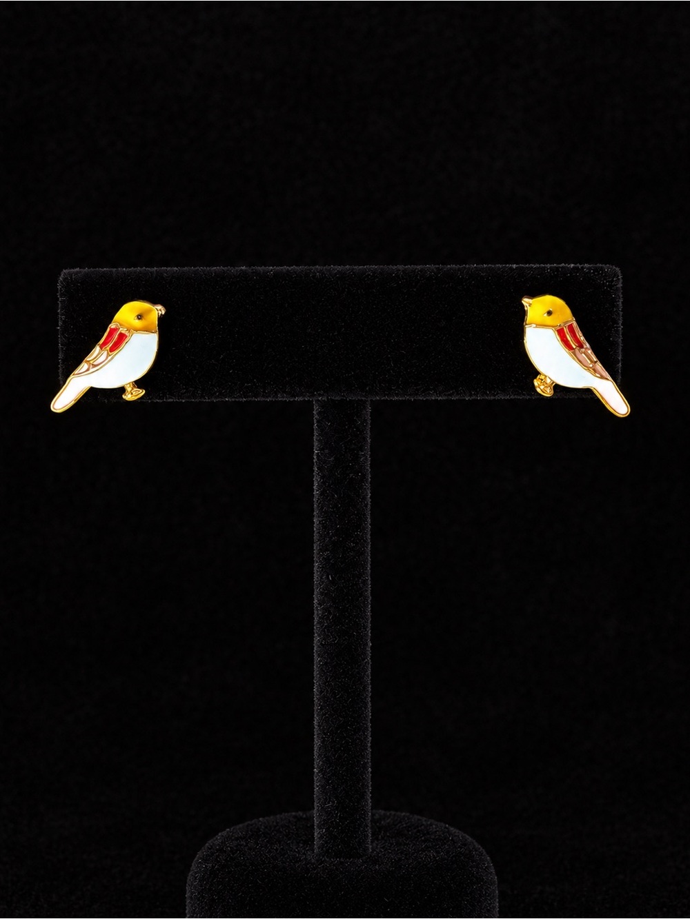 Tiny Yellow and Light Blue Bird Enamel Studs with Touches of Red and Pink